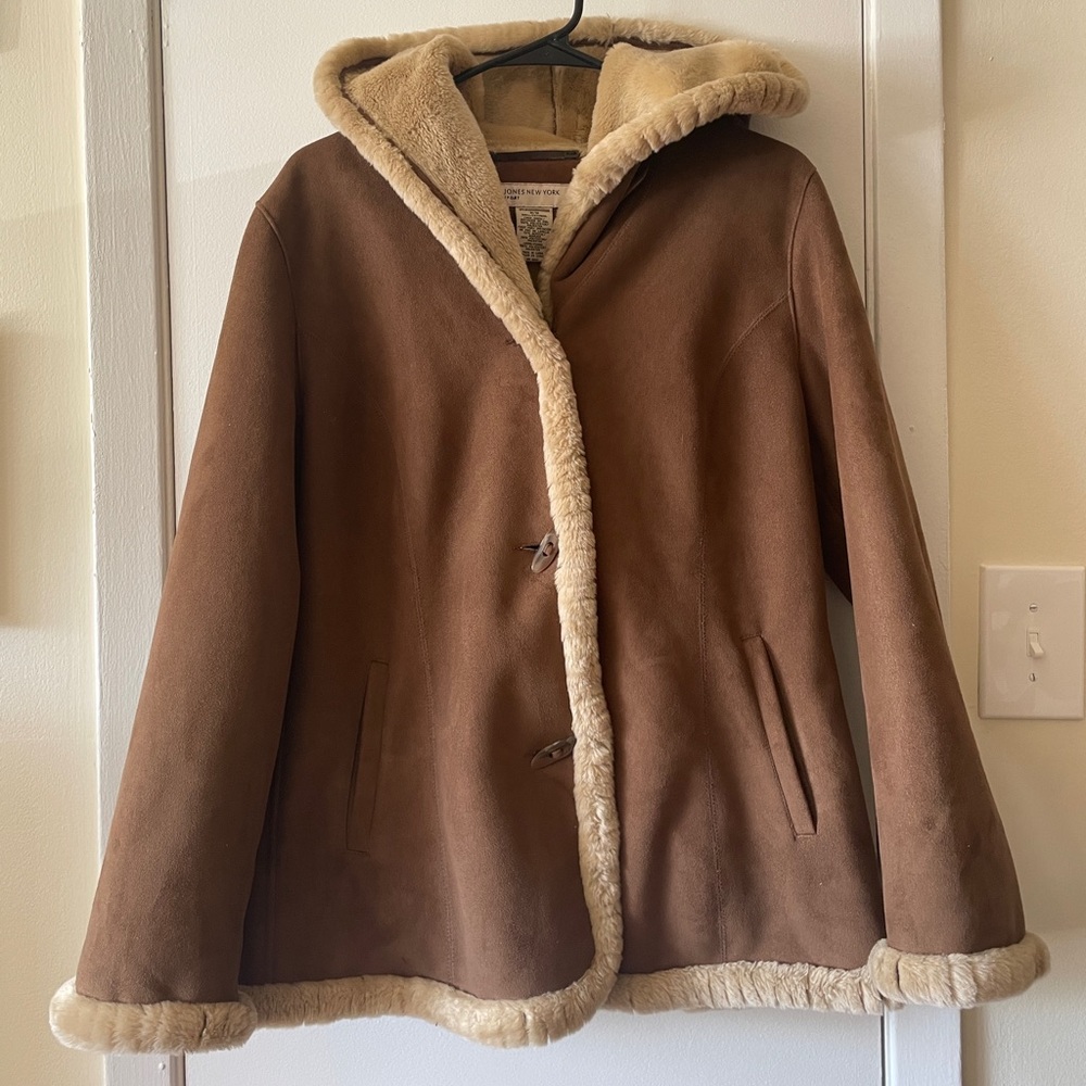 Tan suede fur trim coat with hood and pockets